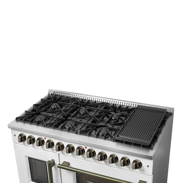 FORNO Galiano 48-Inch French Door Dual Fuel Range with 8 Burners and 6.58 Cu. Ft. Electric Convection Oven in Black/White with Antique Brass Trim
