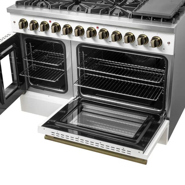 FORNO Galiano 48-Inch French Door Dual Fuel Range with 8 Burners and 6.58 Cu. Ft. Electric Convection Oven in Black/White with Antique Brass Trim