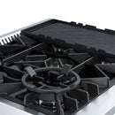 Left-angled view of the FORNO Giovanni 30-Inch Gas Range in black, showing the cooktop with four brass burners, cast iron grates, and included accessories such as a wok ring and griddle plate.