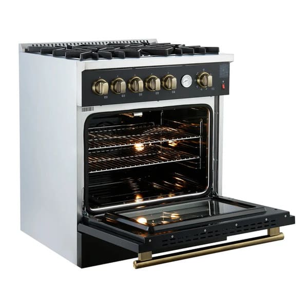 Left-angled view of the FORNO Giovanni 30-Inch Gas Range in black with the oven door open, showcasing a spacious blue enamel oven interior, convection fan, and sturdy oven racks for multi-level cooking.