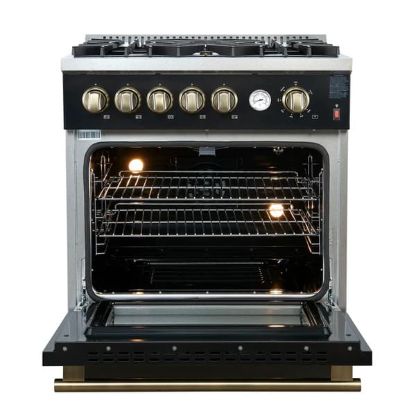 Front view of the FORNO Giovanni 30-Inch Gas Range in black with the oven door open, revealing a blue enamel interior, heavy-duty oven racks, and convection fan for even cooking.