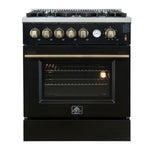 Front view of the FORNO Giovanni 30-Inch Gas Range in black, featuring a matte finish, four brass burners, heavy-duty control knobs, and a spacious single oven with stainless steel trim.