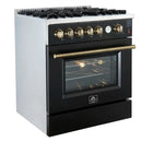 Left-angled front view of the FORNO Giovanni 30-Inch Gas Range in black, showcasing four brass burners, a sleek matte finish, and a large-capacity oven with professional-style knobs.
