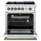 Front view of the FORNO Giovanni 30-Inch Gas Range in white with the oven door open, displaying the vibrant blue enamel interior, multiple oven racks, and convection fan for even heat distribution.