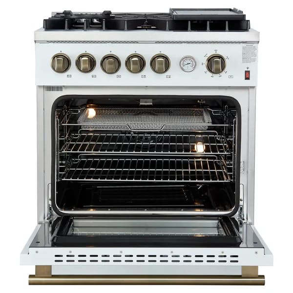 Front view of the FORNO Giovanni 30-Inch Gas Range in white with the oven door open, displaying the vibrant blue enamel interior, multiple oven racks, and convection fan for even heat distribution.
