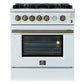 Front view of the FORNO Giovanni 30-Inch Gas Range in white, featuring a clean matte finish, four brass burners, heavy-duty control knobs, and a spacious oven with stainless steel handle.