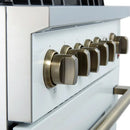 Close-up view of the control knobs on the FORNO Giovanni 30-Inch Gas Range in white, highlighting stainless steel finishes, precision temperature markings, and a clean matte white panel design.