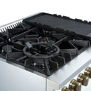 Left-angled view of the FORNO Giovanni 30-Inch Gas Range in white, showcasing the cooktop with a removable cast iron griddle and wok ring over brass burners for versatile cooking performance.