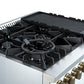Left-angled view of the FORNO Giovanni 30-Inch Gas Range in white, showcasing the cooktop with a removable cast iron griddle and wok ring over brass burners for versatile cooking performance.