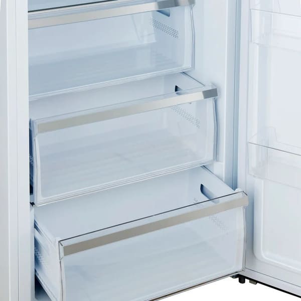 Close-up of interior drawers in the FORNO Maderno 28-Inch Built-In 13.6 Cu. Ft. Convertible Refrigerator in white, showing smooth-glide design and spacious, organized storage.