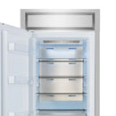 Interior view of the upper compartment in the FORNO Maderno 28-Inch Built-In 13.6 Cu. Ft. Convertible Refrigerator in white with left-swing door, featuring adjustable shelves and bright LED lighting.