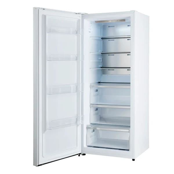 Left-angled front view of FORNO Maderno 28-Inch Built-In 13.6 Cu. Ft. Convertible Refrigerator in white with left-swing door open, revealing a sleek, spacious interior with adjustable glass shelving and door storage.