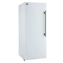 Left-angled front view of FORNO Maderno 28-Inch Built-In 13.6 Cu. Ft. Convertible Refrigerator in white with left-swing door closed, featuring a seamless panel-ready design and antique brass handle.