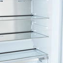 Close-up view of interior glass shelves in the FORNO Maderno 28-Inch Built-In 13.6 Cu. Ft. Convertible Refrigerator in white, highlighting adjustable storage and clean, modern layout.
