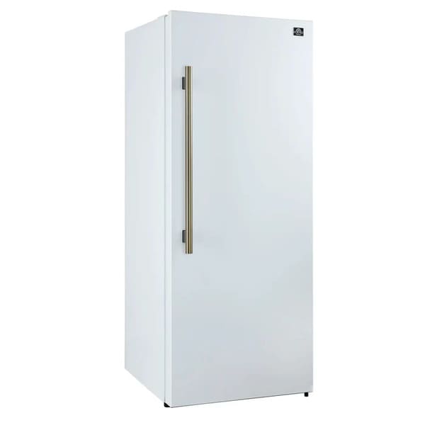 Stylish angled front view of FORNO Maderno 28-Inch Built-In 13.6 Cu. Ft. Convertible Refrigerator in white, showcasing its minimalist aesthetic and built-in panel-ready design.
