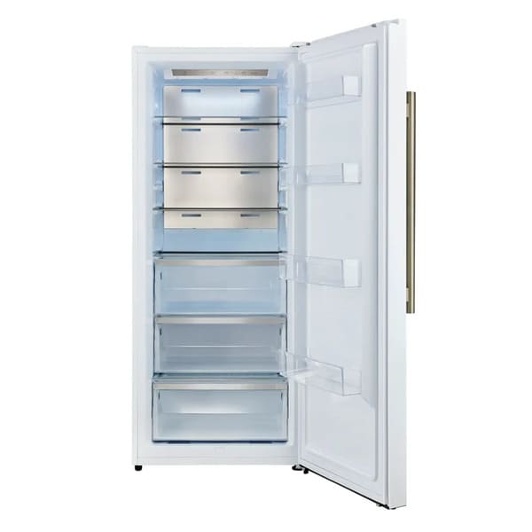 Front view of FORNO Maderno 28-Inch Built-In 13.6 Cu. Ft. Convertible Refrigerator in white with the door open, displaying adjustable glass shelves, clear bins, and spacious interior design.
