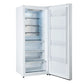 Front-facing view of FORNO Maderno 28-Inch Built-In 13.6 Cu. Ft. Convertible Refrigerator in white with door open, highlighting interior glass shelves, door bins, and modern built-in styling.