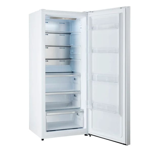 Front-facing view of FORNO Maderno 28-Inch Built-In 13.6 Cu. Ft. Convertible Refrigerator in white with door open, highlighting interior glass shelves, door bins, and modern built-in styling.