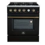 Front view of the FORNO Marco 30-Inch Gas Range in black, showcasing four sealed burners, a wide oven window, and a sleek matte black finish with stainless steel trim for a modern kitchen look.