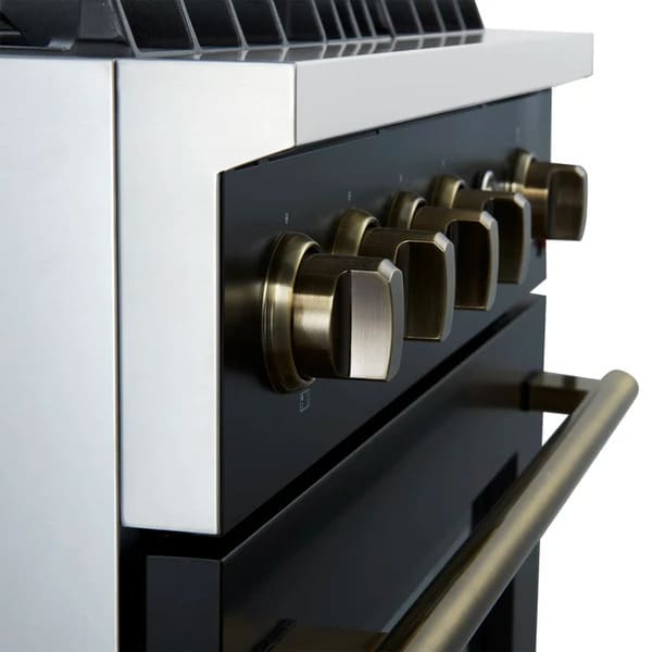 Left-angled close-up of the control knobs on the FORNO Marco 30-Inch Gas Range in black, showcasing stainless steel bezels and clear markings for precise temperature and burner control.