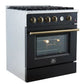 Left-angled view of the FORNO Marco 30-Inch Gas Range in black, featuring four sealed brass burners, durable cast iron grates, and a modern matte black finish with stainless steel accents.