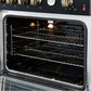 Right-angled interior view of the FORNO Marco 30-Inch Gas Range in black, highlighting the blue enamel oven finish, convection fan, and multiple chrome racks designed for even heat distribution and flexible cooking.
