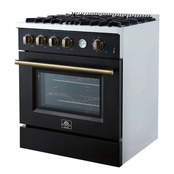 Right-angled view of the FORNO Marco 30-Inch Gas Range in black, highlighting four sealed burners, continuous cast iron grates, and a matte black exterior with stainless steel detailing.