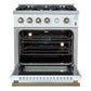 Front view of the FORNO Marco 30-Inch Gas Range in white with the oven door open, showcasing the spacious blue enamel interior, convection fan, and multiple chrome racks for efficient baking and roasting.