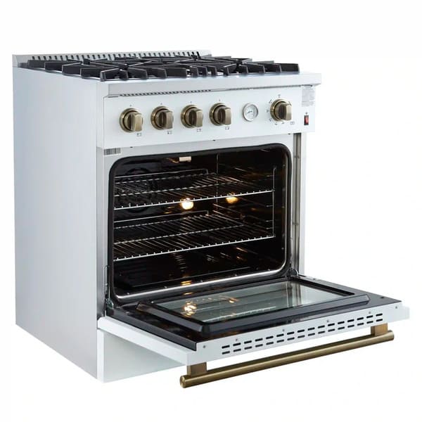 Left-angled view of the FORNO Marco 30-Inch Gas Range in white with the oven door open, revealing a blue enamel interior, convection fan, and adjustable chrome racks for versatile cooking.