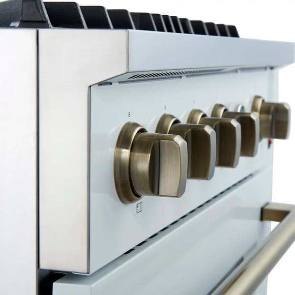Left-angled close-up of the control knobs on the FORNO Marco 30-Inch Gas Range in white, showing stainless steel bezels and precise burner settings for easy and accurate cooking control.