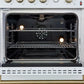 Interior view of the FORNO Marco 30-Inch Gas Range in white, highlighting the vibrant blue enamel oven cavity, convection fan, and chrome racks designed for even heat distribution and flexible cooking.