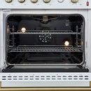 Interior view of the FORNO Marco 30-Inch Gas Range in white, highlighting the vibrant blue enamel oven cavity, convection fan, and chrome racks designed for even heat distribution and flexible cooking.