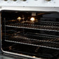 Right-angled interior view of the FORNO Marco 30-Inch Gas Range in white, featuring a blue enamel oven interior, convection fan, and adjustable chrome racks for multi-level cooking versatility.