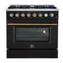 Front view of the FORNO Marco 36-Inch Gas Range in black, featuring six sealed burners, a spacious oven with a large viewing window, and a sleek matte black finish with stainless steel accents.
