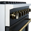 Left-angled close-up of the FORNO Marco 36-Inch Gas Range in black, showcasing stainless steel control knobs with bezel accents, offering precise burner and oven control on a sleek black panel.