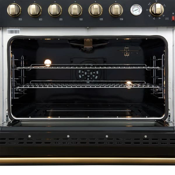 Interior view of the FORNO Marco 36-Inch Gas Range in black, featuring a vibrant blue enamel oven cavity, convection fan, and multiple chrome racks for efficient multi-level cooking.