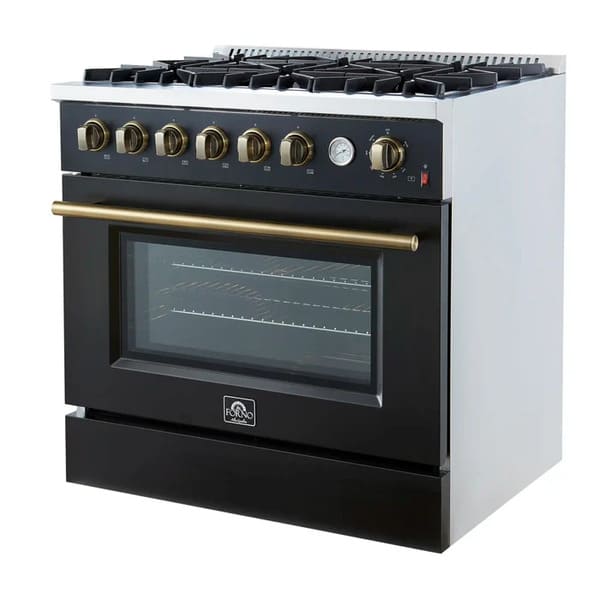 Right-angled view of the FORNO Marco 36-Inch Gas Range in black, featuring six sealed burners, cast iron grates, and a bold matte black design with stainless steel detailing for a professional kitchen look.