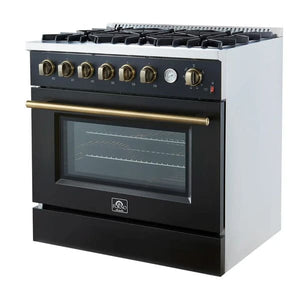 Right-angled view of the FORNO Marco 36-Inch Gas Range in black, featuring six sealed burners, cast iron grates, and a bold matte black design with stainless steel detailing for a professional kitchen look.