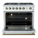 Front view of the FORNO Marco 36-Inch Gas Range in white with the oven door open, displaying the blue enamel oven interior, convection fan, and adjustable heavy-duty racks for spacious cooking.