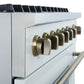 Left-angled close-up of the control knobs on the FORNO Marco 36-Inch Gas Range in white, featuring stainless steel bezels and clearly marked temperature settings for precise cooking control.
