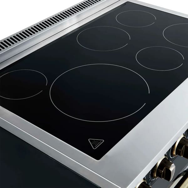 Angled view of the FORNO Paolo 36-Inch Electric Range in black, highlighting the smooth ceramic glass cooktop with radiant heating zones and sleek black stainless steel styling.