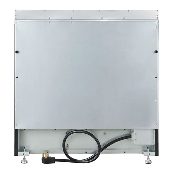 Rear view of the FORNO Paolo 36-Inch Electric Range in black, showing the appliance’s power connection panel, ventilation slots, and flat-back design for streamlined installation.