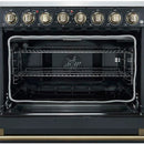 Close-up view of the oven interior on the FORNO Paolo 36-Inch Electric Range in black, featuring a blue enamel cavity, convection fan, and heavy-duty racks for multi-level cooking.