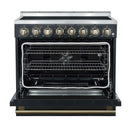 Front view of the FORNO Paolo 36-Inch Electric Range in black with the oven door open, revealing a spacious blue enamel interior, convection fan, and heavy-duty oven racks.