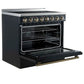 Left-angled front view of the FORNO Paolo 36-Inch Electric Range in black with the oven door open, displaying a spacious blue enamel interior, convection fan, and durable oven racks.