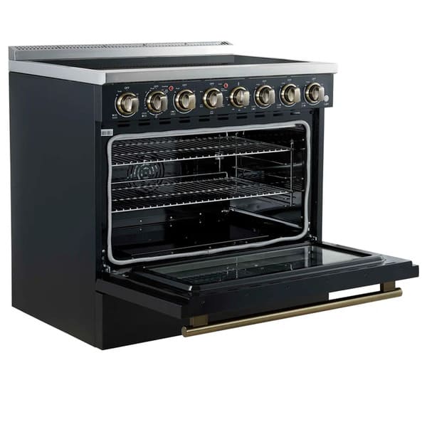 Left-angled front view of the FORNO Paolo 36-Inch Electric Range in black with the oven door open, displaying a spacious blue enamel interior, convection fan, and durable oven racks.