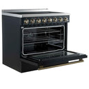 Left-angled front view of the FORNO Paolo 36-Inch Electric Range in black with the oven door open, displaying a spacious blue enamel interior, convection fan, and durable oven racks.