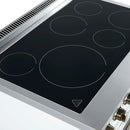 Angled view of the FORNO Paolo 36-Inch Electric Range in white, showcasing a smooth ceramic glass cooktop with radiant heating zones and a minimalist white stainless steel finish.