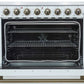 Close-up of the oven interior in the FORNO Paolo 36-Inch Electric Range in white, featuring a vibrant blue enamel cavity, convection fan, and heavy-duty oven racks for multi-level cooking.