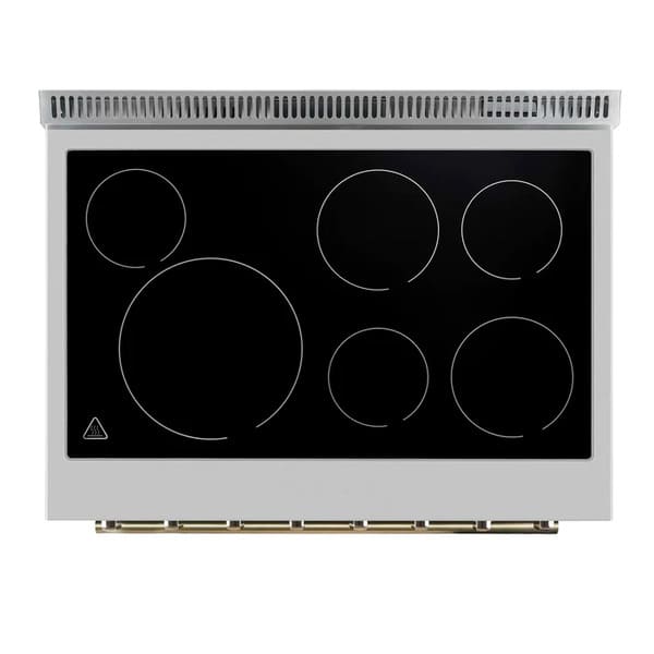 Top-down view of the FORNO Paolo 36-Inch Electric Range in white, featuring a sleek ceramic glass cooktop with clearly marked radiant heating zones and a clean white stainless trim.